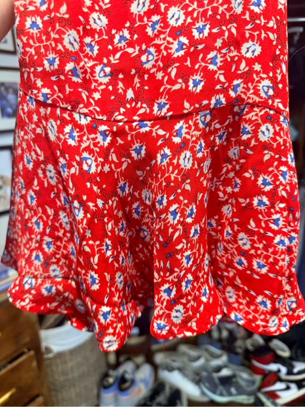 Max Studio Red Floral ruffle Skirt with Blue Accents - Picture 1 of 3